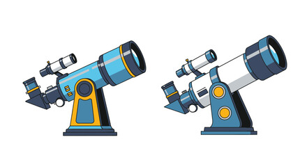 Cartoon illustration of two refracting telescopes on yellow stands © Mithun