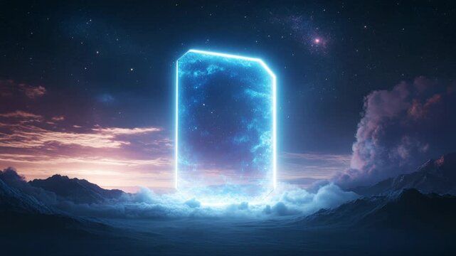 Luminous blue portal hovering above clouds, cosmic gateway, interdimensional entrance, sci fi landscape, celestial doorway, portal, mystical threshold.