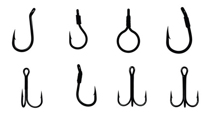 Collection of various black fishing hooks displayed on a white background