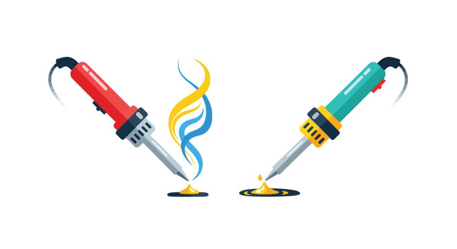 Two soldering irons with heated tips and melting solder displayed prominently
