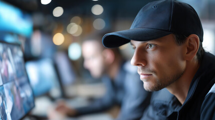 Security guards monitoring modern CCTV camera systems indoors, surveillance operations workspace, facility protection management, professional safety coordination, defocused monitoring screens