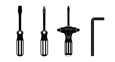 Black and white illustration of various screwdrivers and a hex key © Mithun