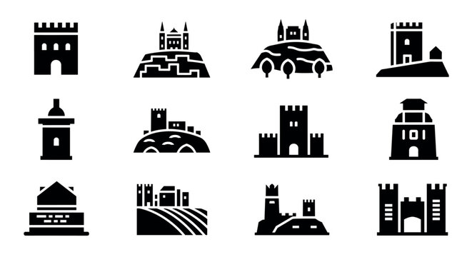 Medieval castle silhouettes: icon set featuring fortresses and towers in minimalist style