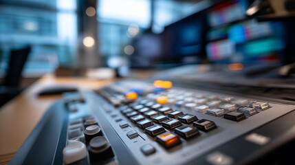 Camera control equipment in television production workspace, professional calibration buttons and controls, audiovisual studio technology, broadcast dish systems, foreground focus composition,