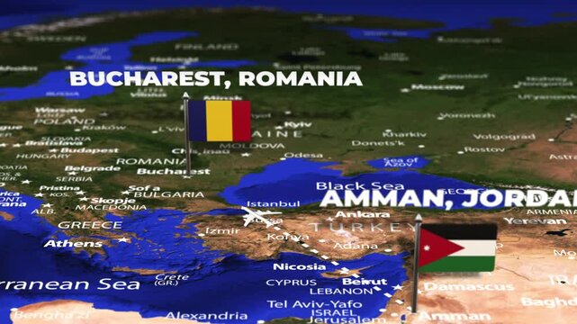 Flight From Amman JORDAN to Bucharest ROMANIA with flag pins
