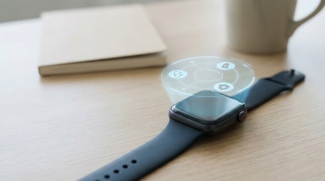 Smartwatch with holographic UI icons on wooden desk, notebook and coffee cup in background, wearable technology concept