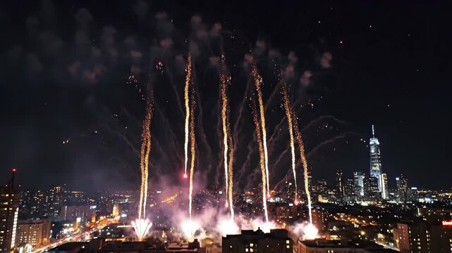 Vibrant fireworks explode in a dazzling display of color against the dark night sky, illuminating a city skyline with numerous lights.