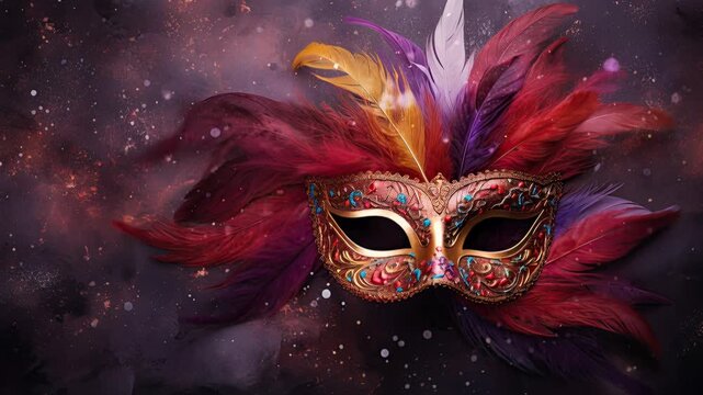 Elaborate carnival mask adorned with vibrant feathers, floating amidst cosmic particles, masquerade costume, festival accessory, theatrical prop, art, celestial backdrop.