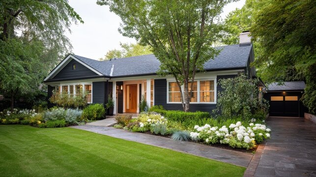 Modern charcoal grey ranch style home with white trim and beautiful garden landscaping