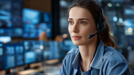Female police officer with headset monitoring CCTV surveillance in law enforcement control room, public safety operations, crime prevention technology, security headquarters workspace,