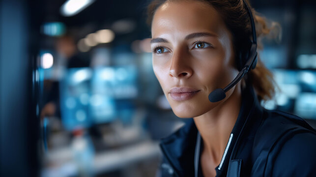 Female police officer with headset monitoring CCTV surveillance in law enforcement control room, public safety operations, crime prevention technology, security headquarters workspace,