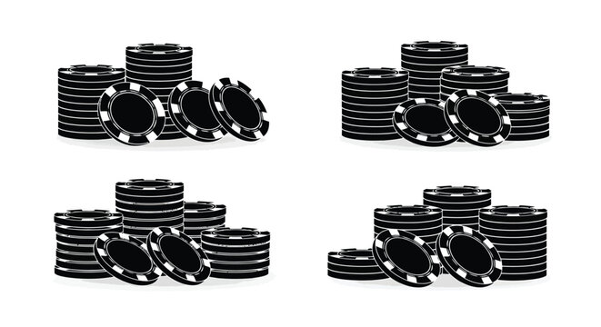 Stacks of black casino chips arranged in a grid pattern on white