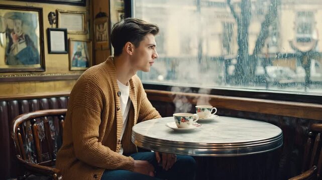 Thoughtful young man in vintage cafe looking through rainy window with two steaming tea cups in moody light