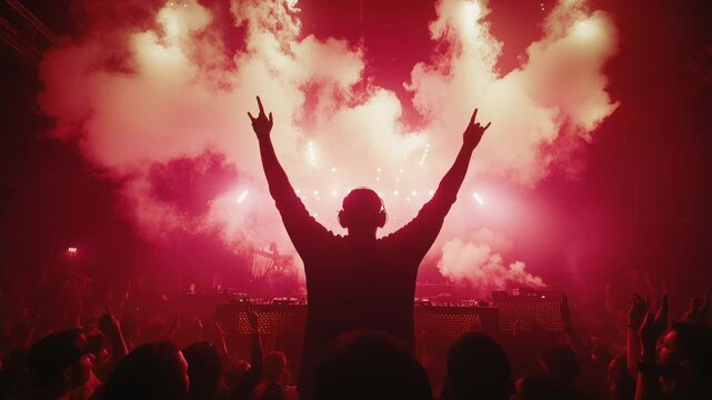 DJ performing at live music festival, crowd cheering, stage lighting, smoke effects, rock concert atmosphere, electronic music event.