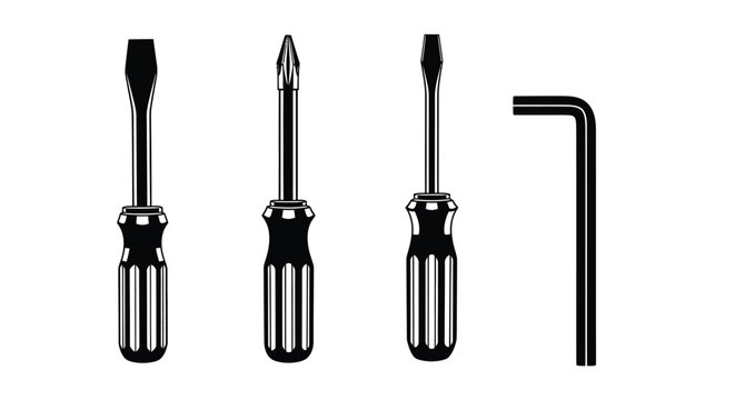 A collection of screwdrivers and an allen wrench on a white background