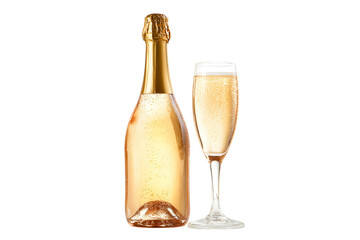 Champagne bottle and flute glass with bubbles, golden beverage, isolated on transparent background
