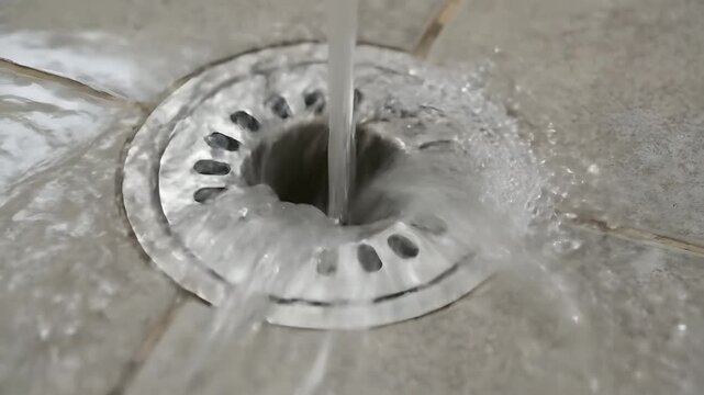 Close up of clogged shower drain with hair and soap scum with water flowing down into the drain and splashing around the metallic grate on a tiled floor during the daytime