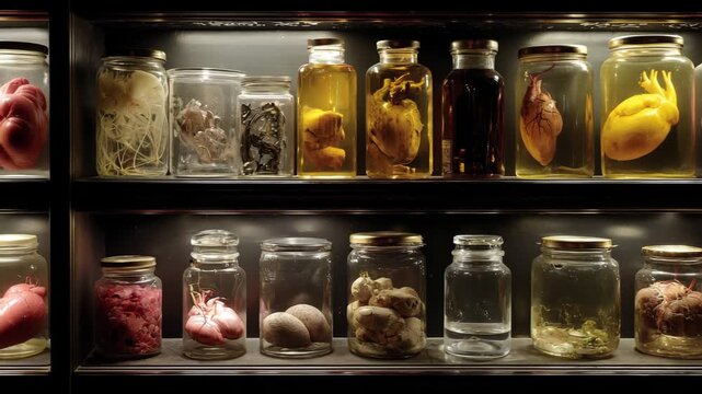 Ultra HD Vintage anatomical specimens preserved in glass jars on a dark shelf, a macabre scientific display of human or animal organs for study video