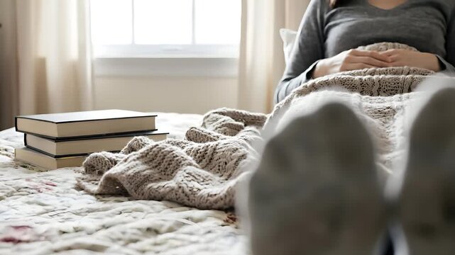 Cozy Scene of Dirty Gray Socks on Feet Relaxing on A Bed with Books and Blanket Near Window with Soft Natural Light