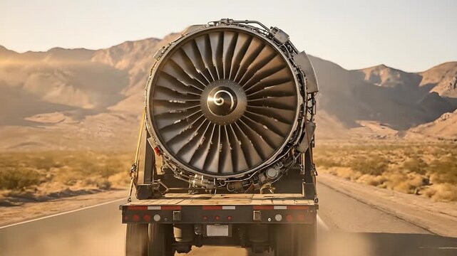 Large Jet Engine Turbine Being Transported on a Flatbed Truck Along a Desert Highway During Golden Hour With Mountains in the Background