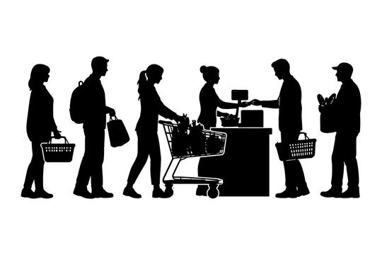 Silhouette of people shopping at checkout counter in grocery store.