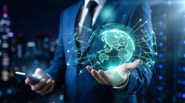 Global Business Connectivity: Executive in Suit Holding a Glowing Digital Earth Network with Smartphone, Symbolizing Worldwide Technology and Inter...