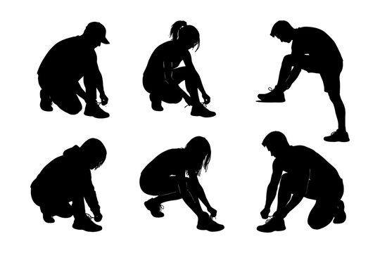 Silhouettes of people tying shoes: active poses in black and white.