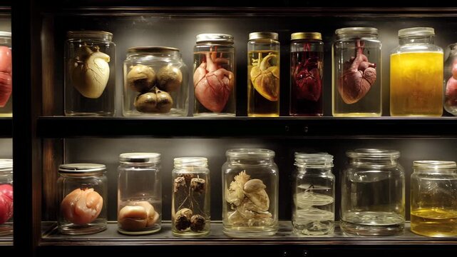 Ultra HD Anatomical specimens preserved hearts and organs in glass jars on dark shelves, a vintage medical and scientific collection display video