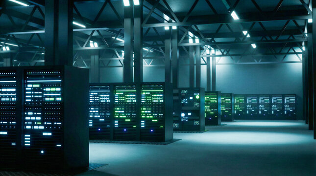 Data Center Infrastructure: An atmospheric view inside a modern data center reveals rows of servers. The image is an ode to the complexity and vital role of the data industry.