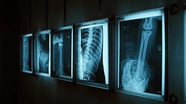 Ultra HD Row of medical xray images displaying various human bones on illuminated lightboxes in a dark hospital or clinic setting, diagnostic imaging video