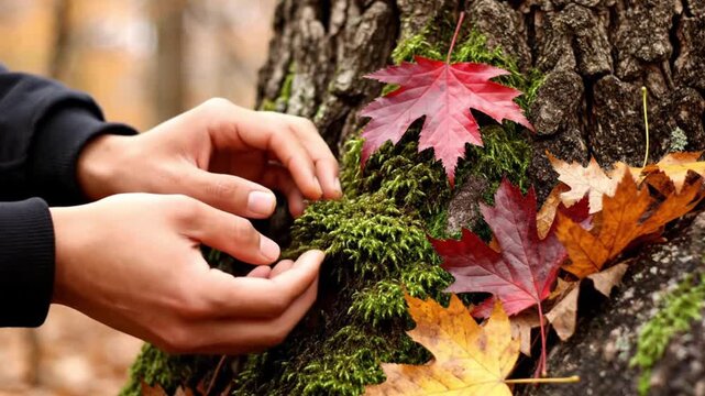 Hands gently touch moss on a tree trunk adorned with colorful autumn leaves