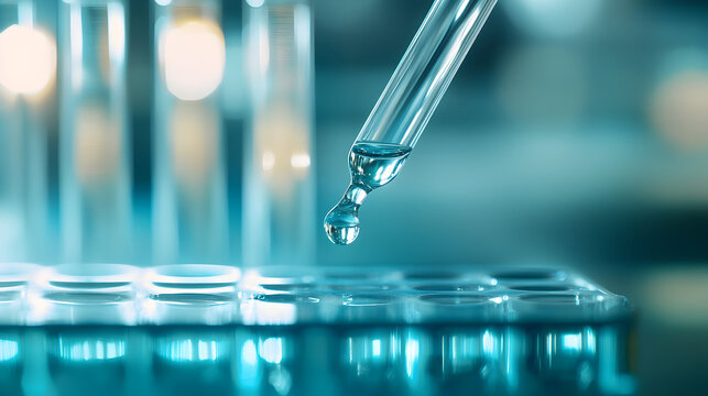 A laboratory pipette dropping a clear liquid into a test tube rack in a scientific research setting.