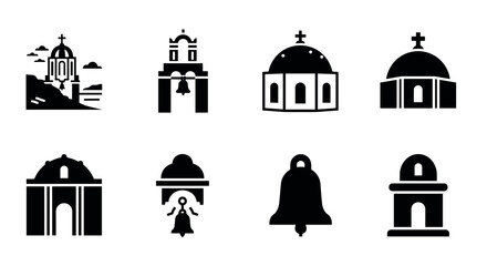 Silhouette icons of historic missions and bells in minimalist design style