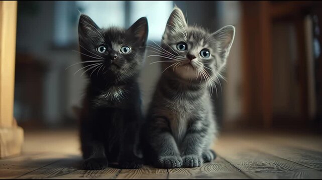Two Kittens Sitting Together on Floor.