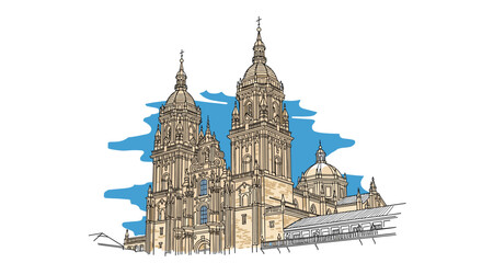 Obraz premium Detailed line art of historic cathedral against blue sky