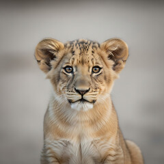 Obraz premium Adorable young lion cub with expressive eyes looking directly at viewer in its natural African habitat