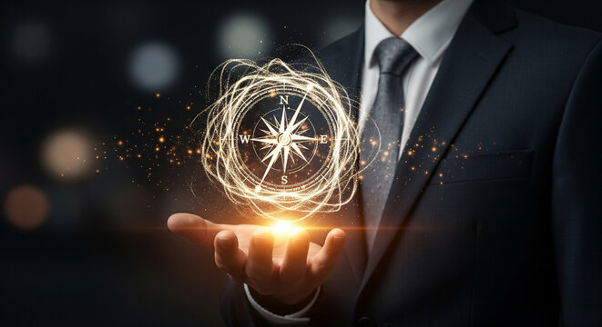 Businessman holding glowing digital compass for strategic planning leadership and corporate direction guidance