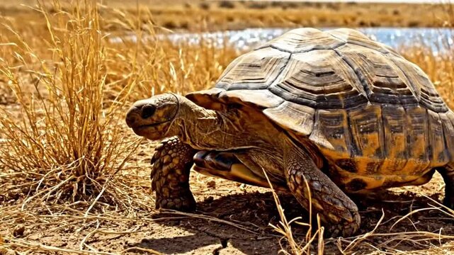 A tortoise walking slowly through dry grassland.