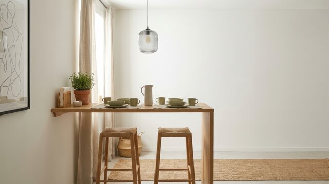 Minimal dining nook with high wooden table, stool and copy space wall