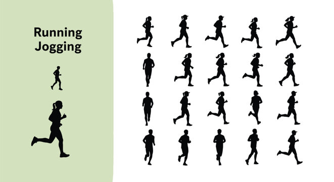 Diverse collection of black silhouette icons illustrating various running and jogging motions for fitness or athletic graphic design projects