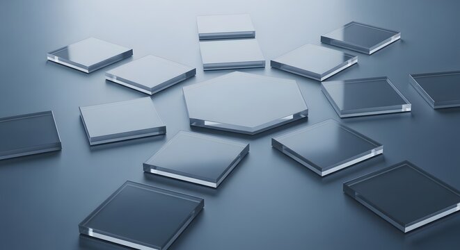 High-end 3D rendering of a minimalist abstract scene with flat square glass panels arranged radially to create a modern star formation. Each square is evenly spaced with subtle rotation, enhancing dep