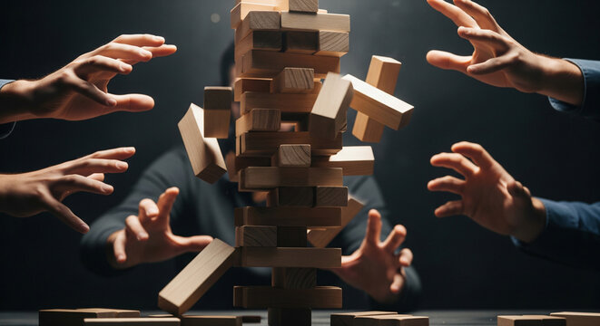Wooden block tower collapsing with hands reaching to prevent fall for risk management themes