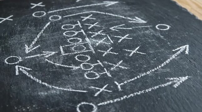 Strategic Game Plan on Chalkboard: Xs and Os Diagram for Sports Tactics and Business Strategy Development