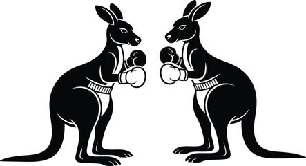 Kangaroo boxing illustration, animal silhouettes, sports artwork, fighting stance, black and white design, playful concept, entertainment theme, humorous artwork, competition