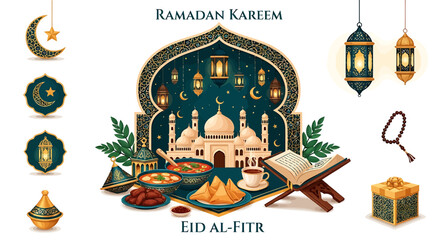 Fototapeta premium Ramadan Kareem and Eid Al-Fitr Islamic celebration with mosque, dates, food, and lanterns