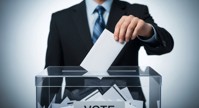 Businessman casting vote in transparent box for corporate governance and shareholder decision making