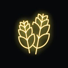 Yellow neon icon of two ears of wheat glowing on black background
