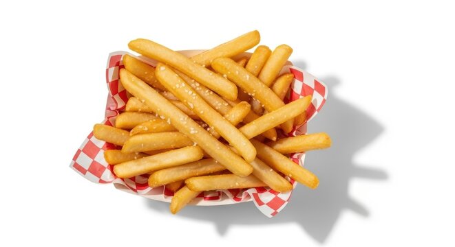 Crispy Golden French Fries in Red Checkered Basket, Solanaceous Solanum Tuberosum