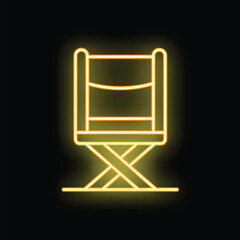 Obraz premium Neon icon of a director's chair glowing yellow against a dark background, evoking the entertainment industry