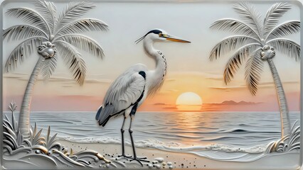 Obraz premium Heron on the beach and sunset I Wall Decor 